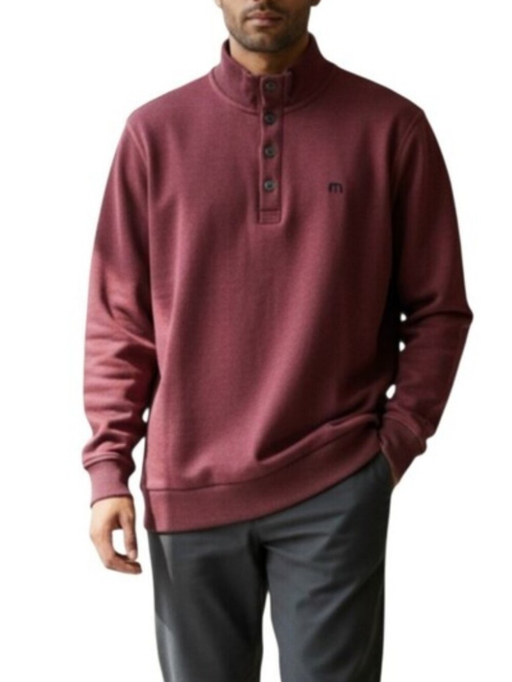 Travis Mathew Men's Burgundy Crewneck Quarter-Button Sweater